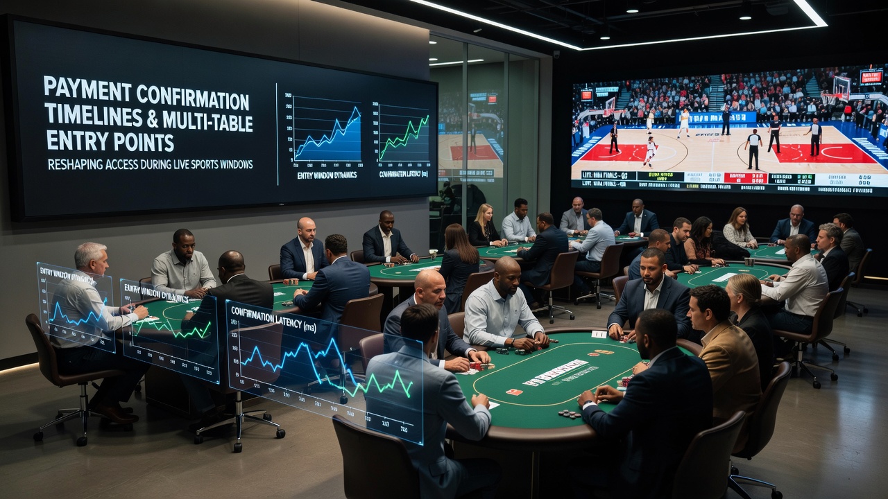 Poker players at multiple tables during a live sports event with digital payment interfaces visible
