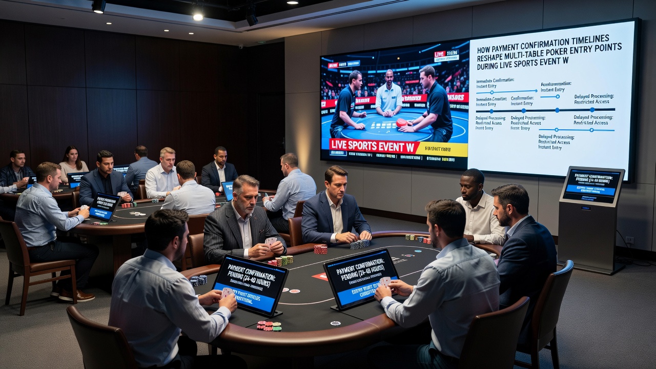 Digital transaction screens showing payment confirmations alongside poker tournament lobbies