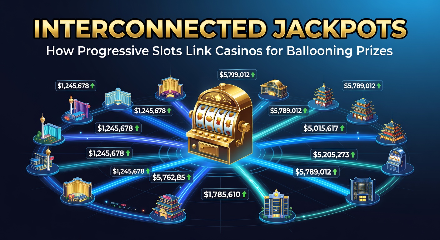 Vibrant progressive slot machine display showing a skyrocketing jackpot counter linked across multiple casinos