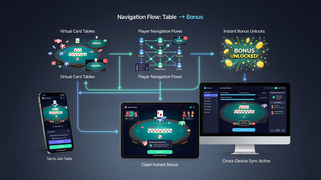 Diagram showing cross-device synchronization between card tables and bonus unlocks