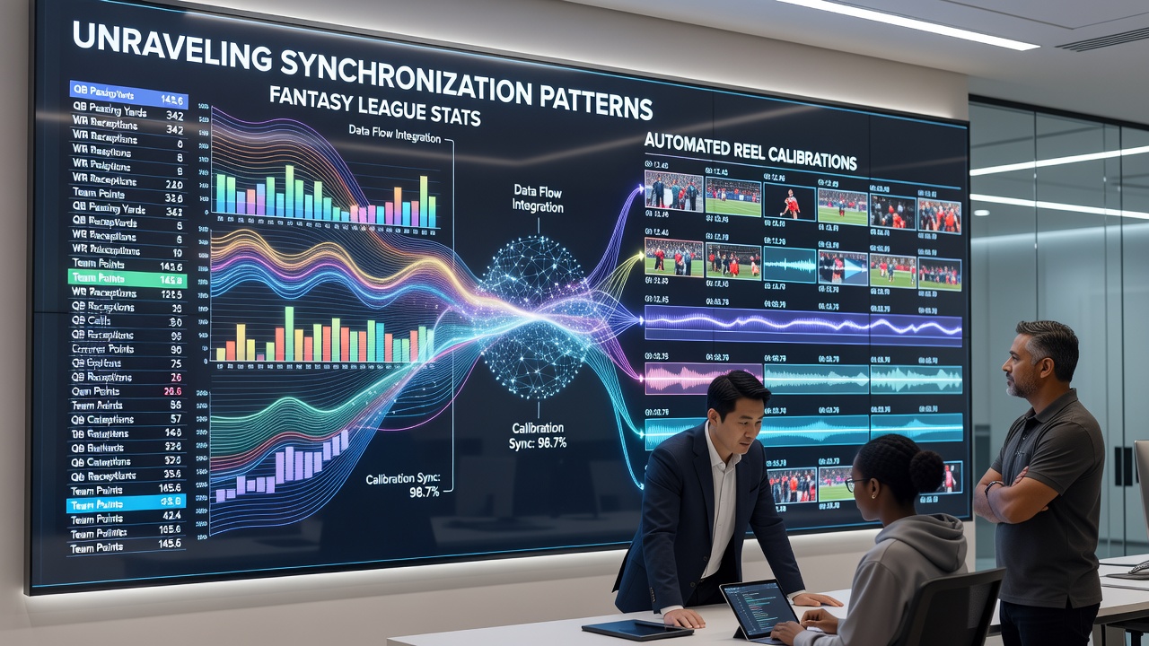 Diagram showing automated reel calibration processes synced with fantasy sports data in interstate gaming networks