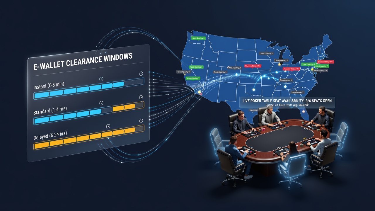 Illustration of e-wallet processing timelines intersecting with live poker table seat updates in multi-state apps